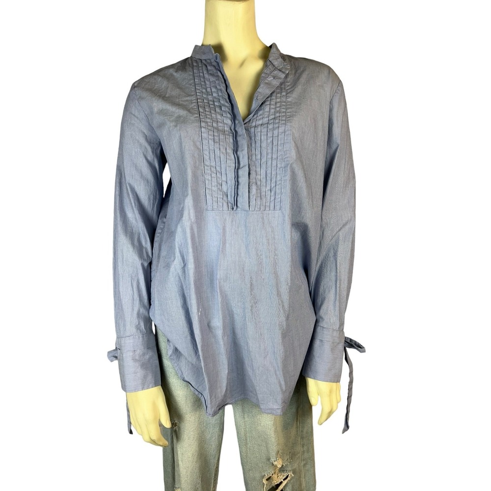 Ann Taylor S small blue and white bib front bow sleeve blouse top shirt